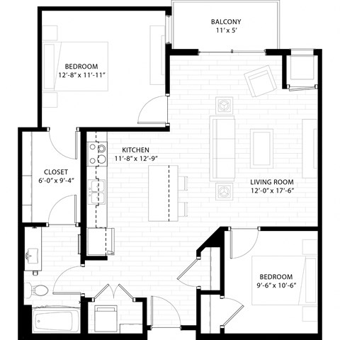 Floor plan for 2 beds, 1 bath, 962 sqft